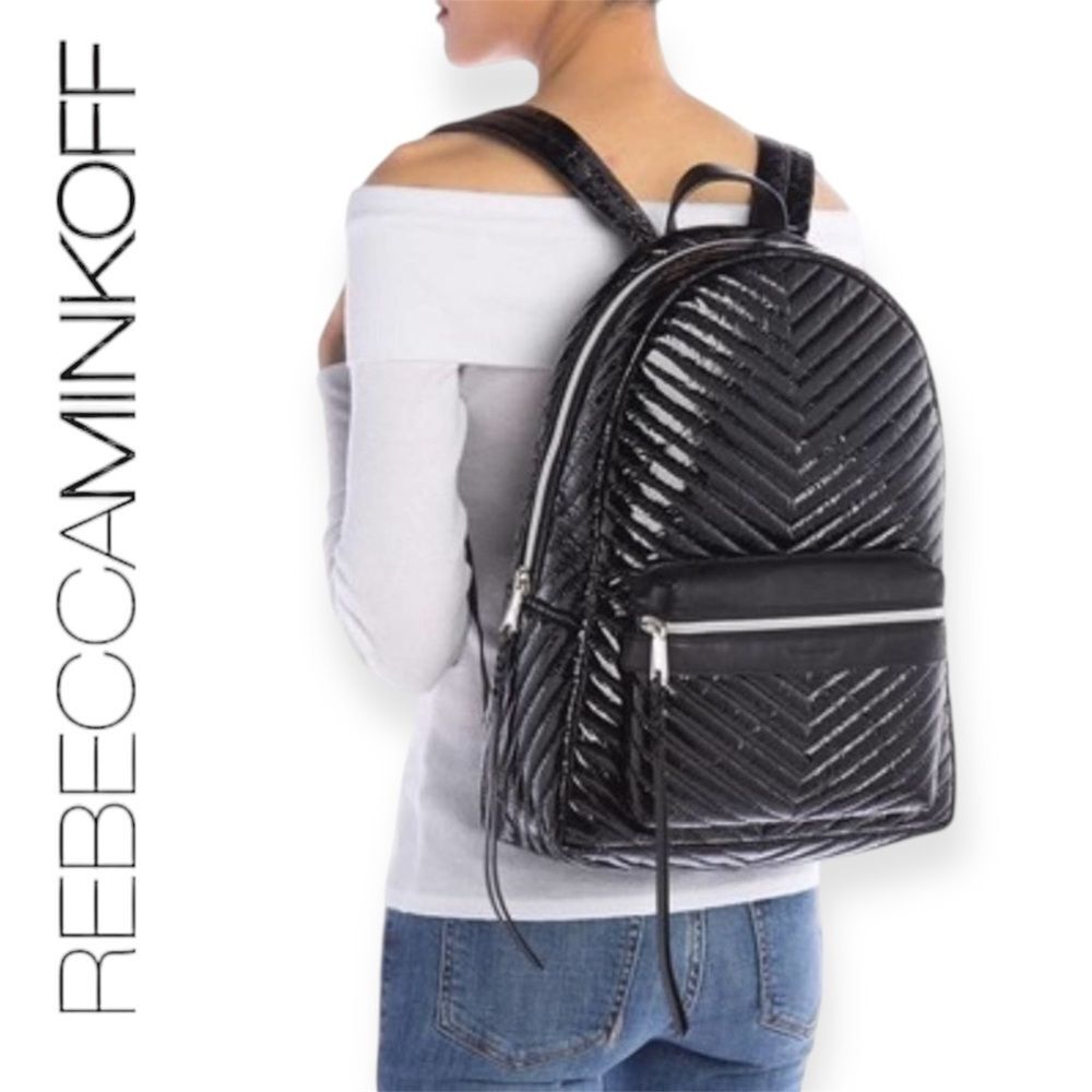 Rebecca Minkoff Pippa Large Backpack Black Patent Nylon Chevron Quilted Laptop